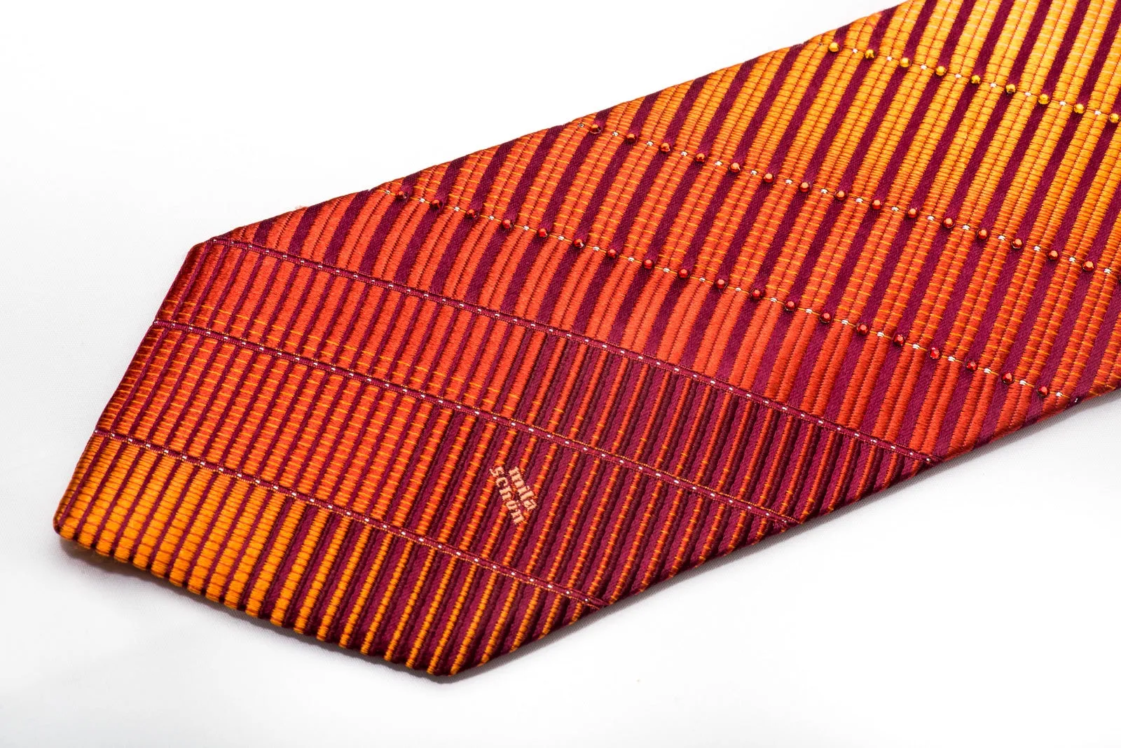 Mila Schon Men's Silk Necktie Orange Striped On Burgundy Sparkling With Crystal Rhinestones
