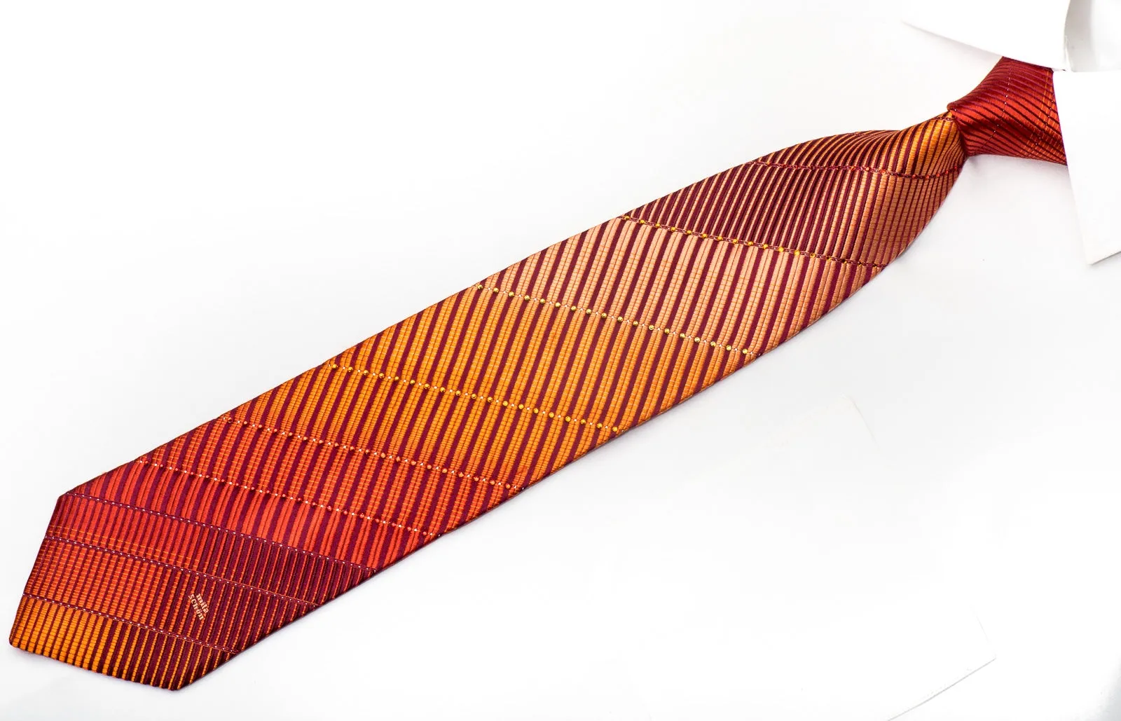 Mila Schon Men's Silk Necktie Orange Striped On Burgundy Sparkling With Crystal Rhinestones