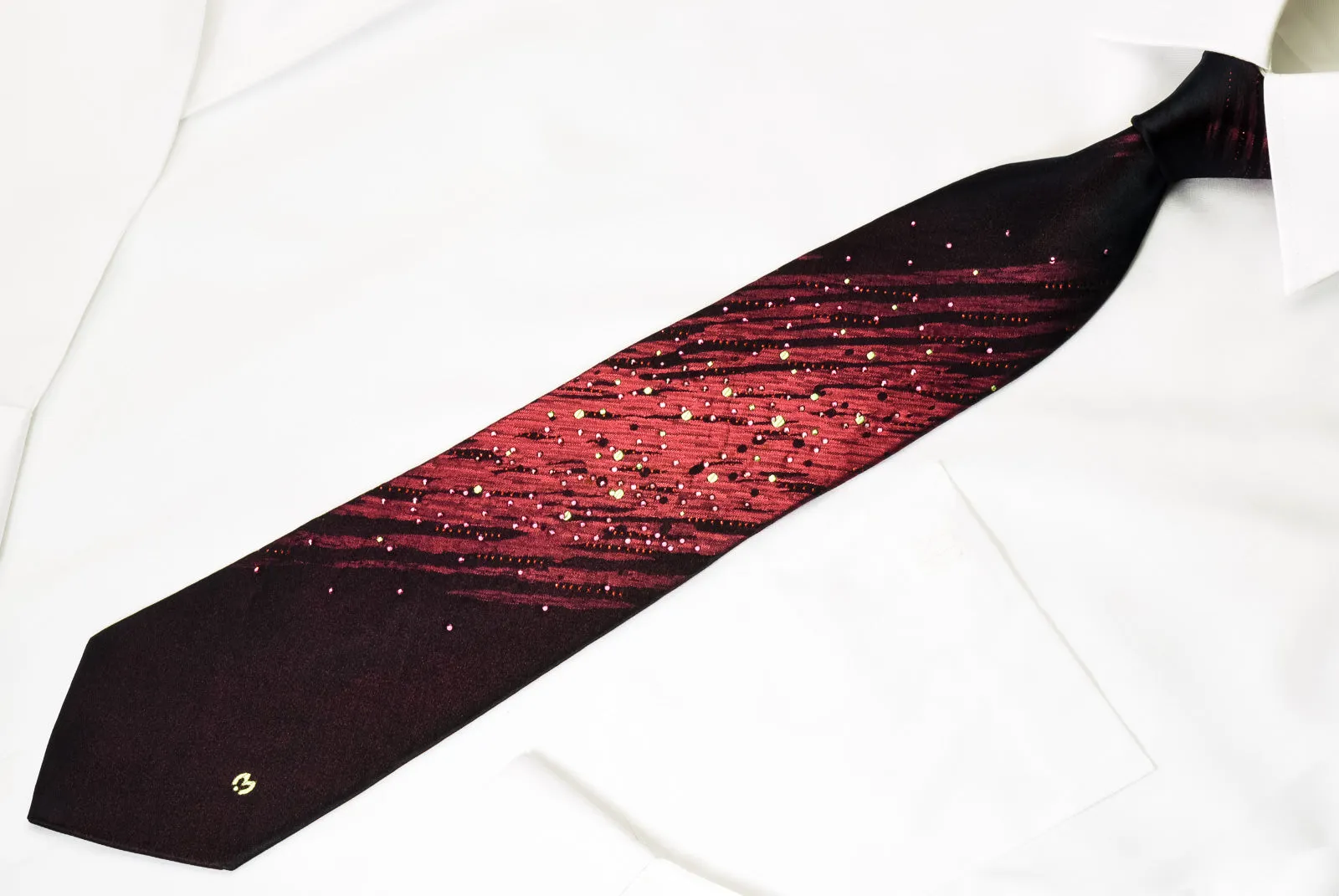 Mila Schon Rhinestone Necktie Purple Novelty Design On Black Silk With Purple Sparkles