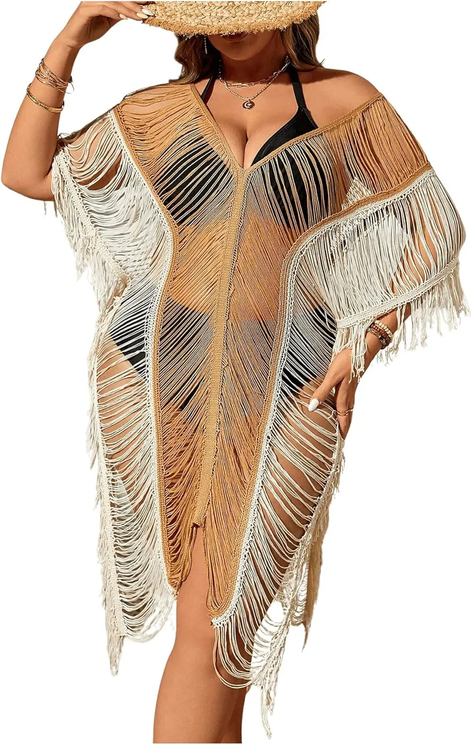Milumia Women's Plus Size Color Block Open Stitch Dolman Sleeve Fringe Hem Cover Up Dress