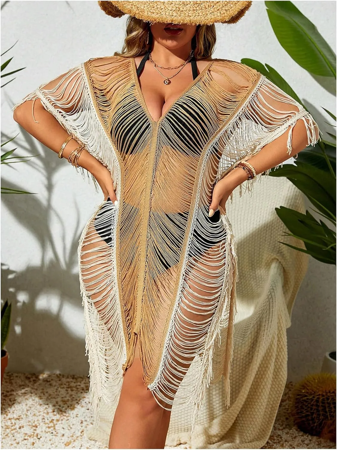 Milumia Women's Plus Size Color Block Open Stitch Dolman Sleeve Fringe Hem Cover Up Dress