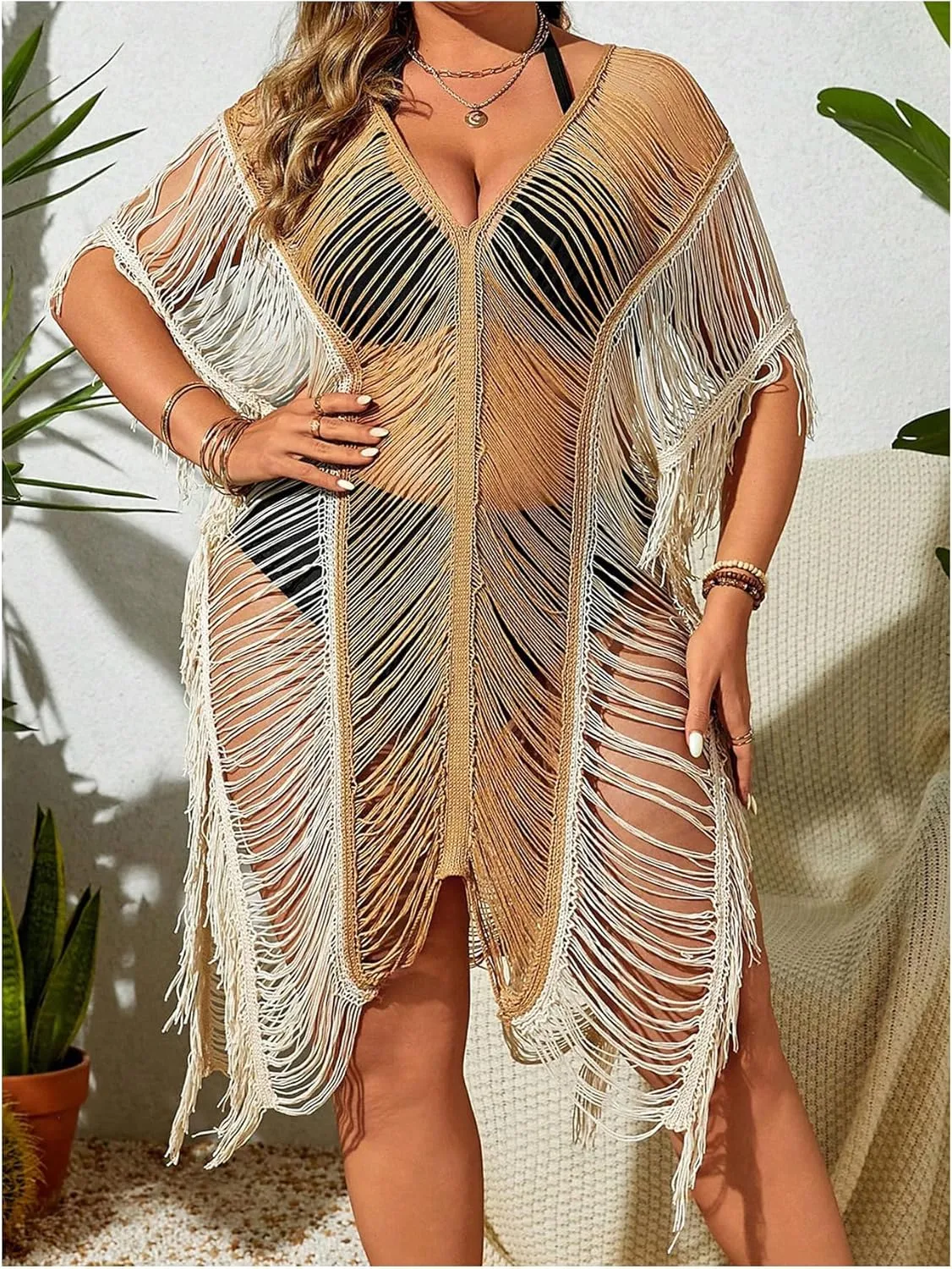 Milumia Women's Plus Size Color Block Open Stitch Dolman Sleeve Fringe Hem Cover Up Dress