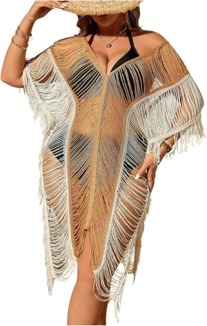 Milumia Women's Plus Size Color Block Open Stitch Dolman Sleeve Fringe Hem Cover Up Dress