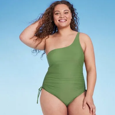 New - Women's Side-Tie One Shoulder One Piece Swimsuit - Shade & Shore Green XL