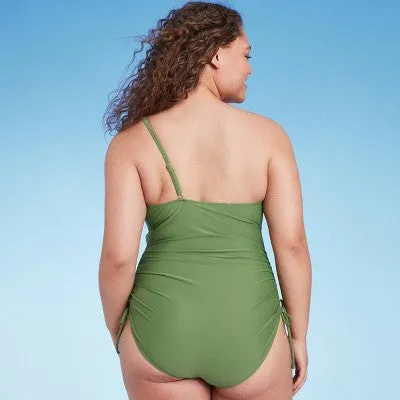 New - Women's Side-Tie One Shoulder One Piece Swimsuit - Shade & Shore Green XL
