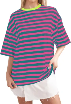 Oversized T Shirts for Women Casual Summer Striped Tops Crew Neck Graphic Tees Short Sleeve Tshirt Loose Fit Pullover