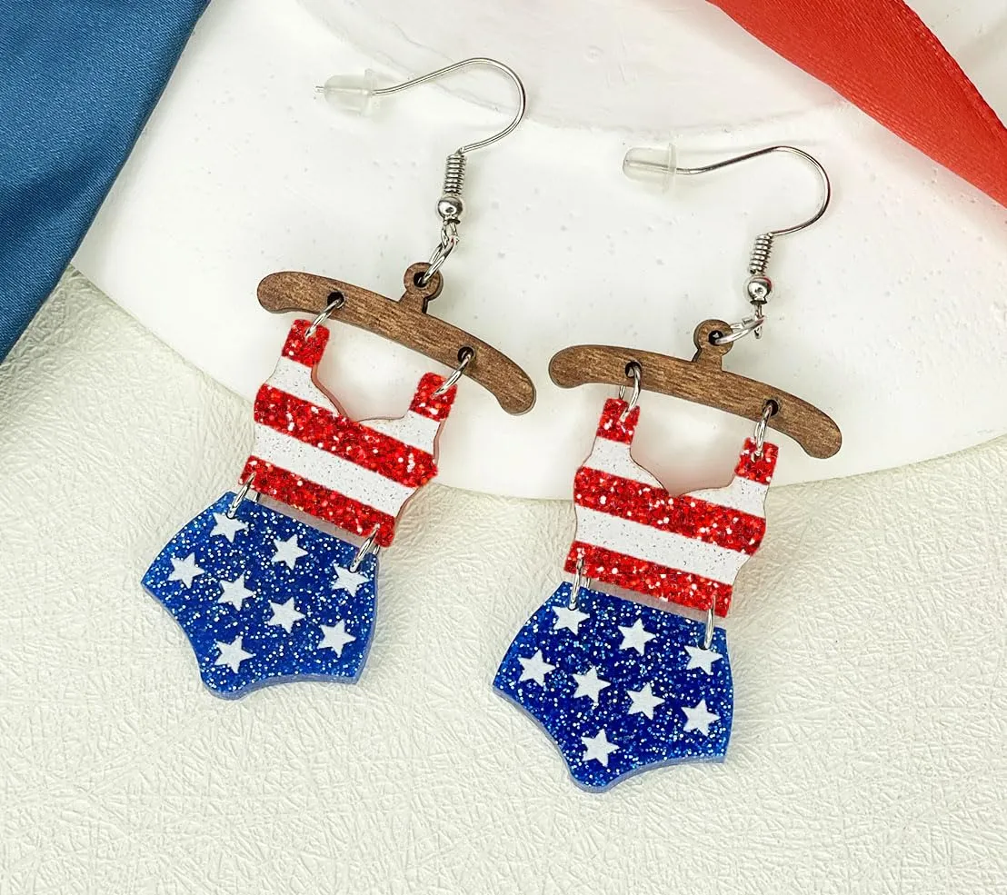 Patriotic Earrings 4th of July Earrings for Women Girls, Wooden Acrylic Ice Cream Bikini Patriotic USA Earrings, Red White and Blue Earrings, American Flag Earrings Accessories Outfits Gifts