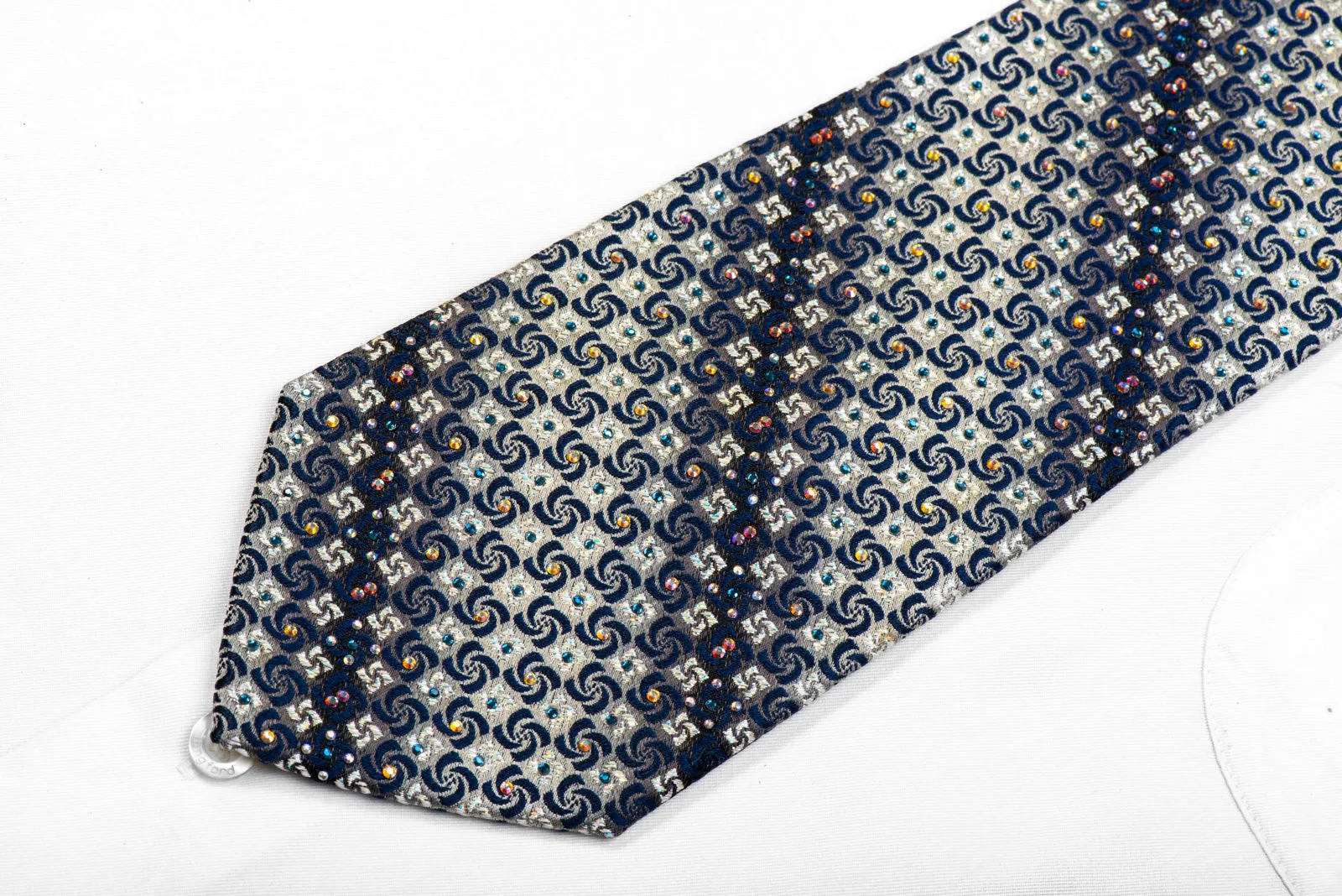 Perry Ellis Rhinestone Silk Necktie Blue Geometric On Silver With Sparkles