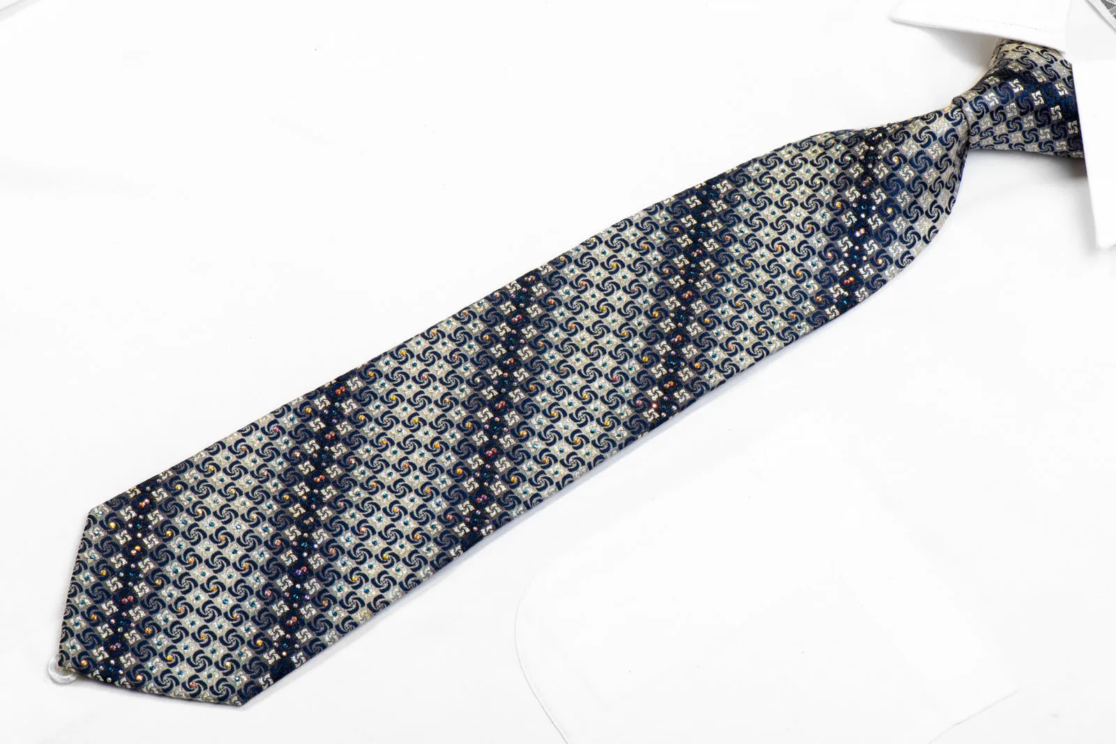 Perry Ellis Rhinestone Silk Necktie Blue Geometric On Silver With Sparkles