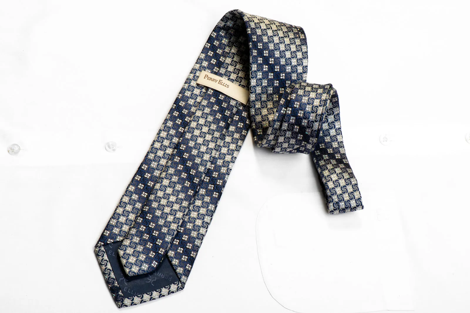 Perry Ellis Rhinestone Silk Necktie Blue Geometric On Silver With Sparkles