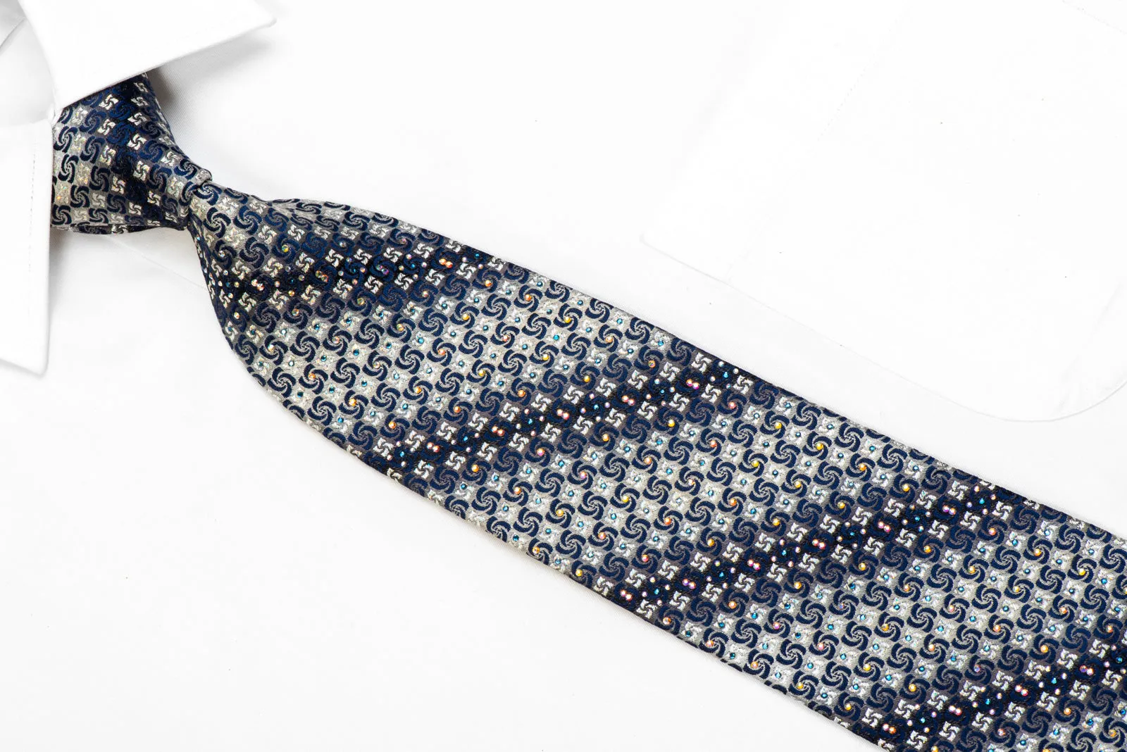 Perry Ellis Rhinestone Silk Necktie Blue Geometric On Silver With Sparkles