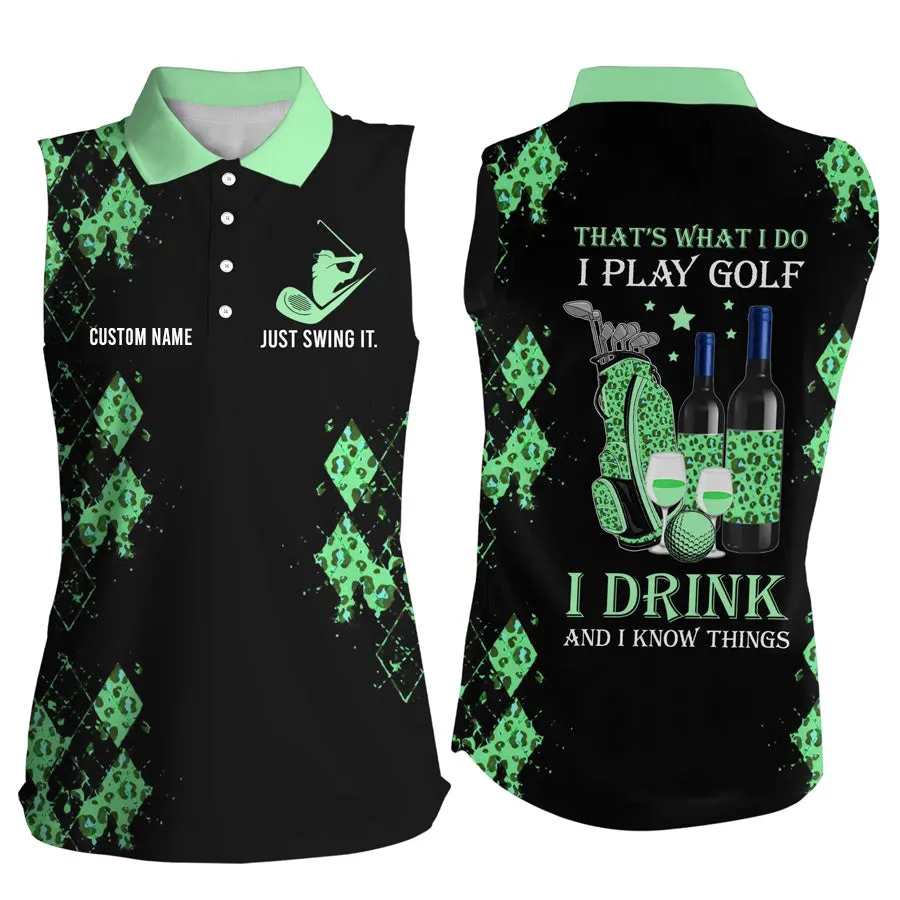 Personalized leopard Women sleeveless polo shirt multicolor, funny golf wine That's what I do, I play golf drink