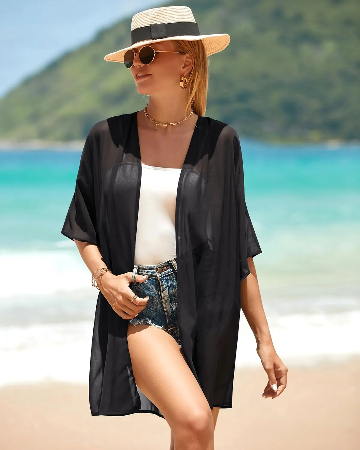 Pinup Fashion Kimono Cover Ups Swimwear Women - Cardigan Sheer Swimsuit Chiffon Open Front Coverup