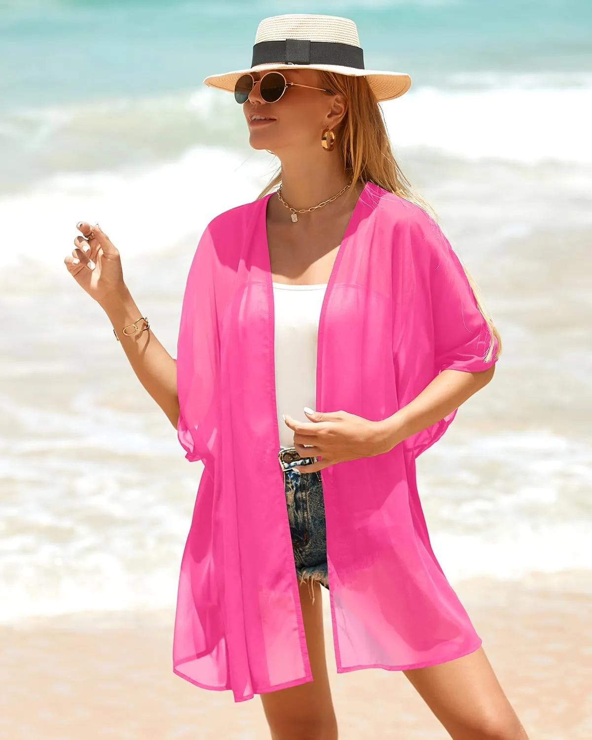 Pinup Fashion Kimono Cover Ups Swimwear Women - Cardigan Sheer Swimsuit Chiffon Open Front Coverup