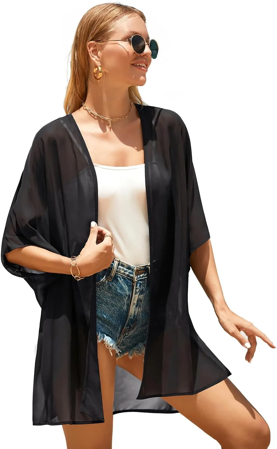 Pinup Fashion Kimono Cover Ups Swimwear Women - Cardigan Sheer Swimsuit Chiffon Open Front Coverup