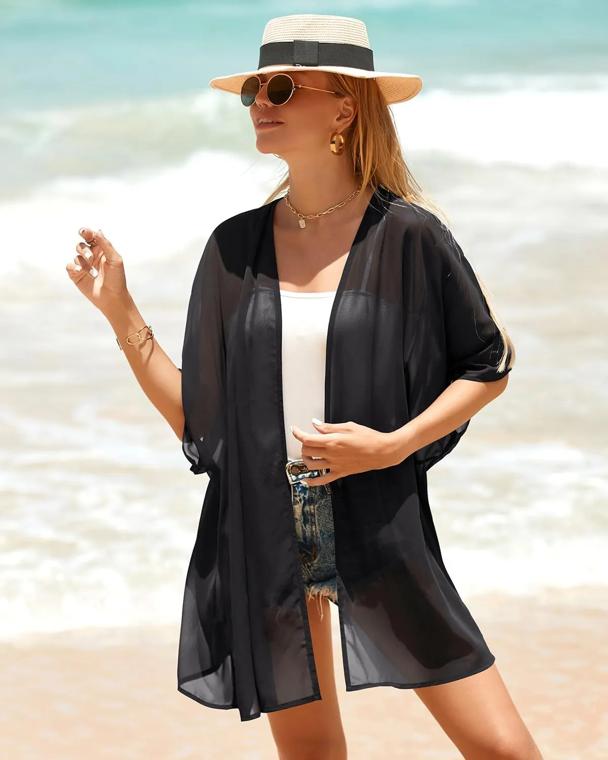 Pinup Fashion Kimono Cover Ups Swimwear Women - Cardigan Sheer Swimsuit Chiffon Open Front Coverup