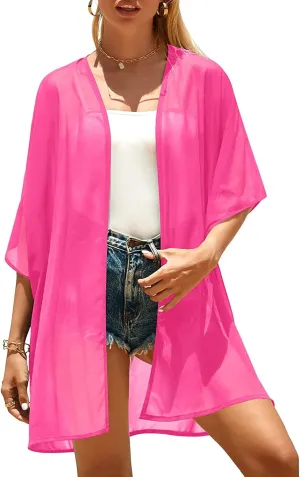 Pinup Fashion Kimono Cover Ups Swimwear Women - Cardigan Sheer Swimsuit Chiffon Open Front Coverup