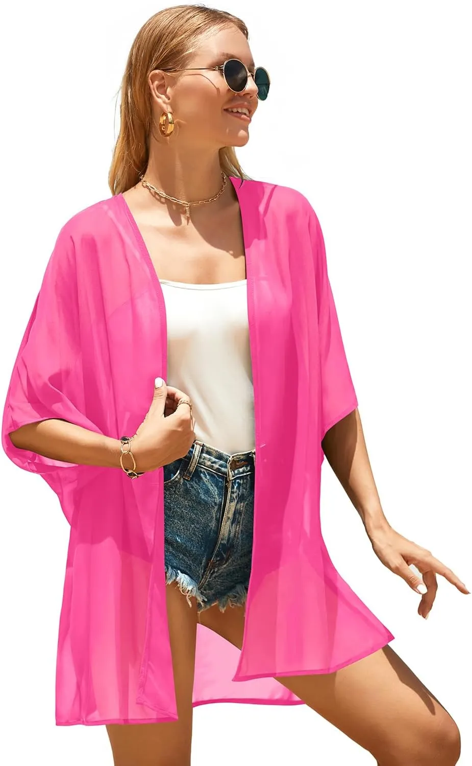 Pinup Fashion Kimono Cover Ups Swimwear Women - Cardigan Sheer Swimsuit Chiffon Open Front Coverup
