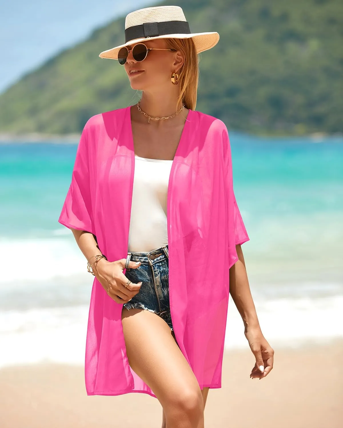 Pinup Fashion Kimono Cover Ups Swimwear Women - Cardigan Sheer Swimsuit Chiffon Open Front Coverup