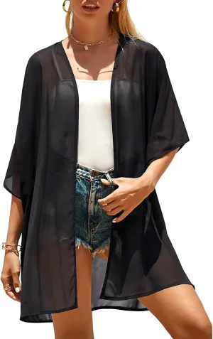 Pinup Fashion Kimono Cover Ups Swimwear Women - Cardigan Sheer Swimsuit Chiffon Open Front Coverup