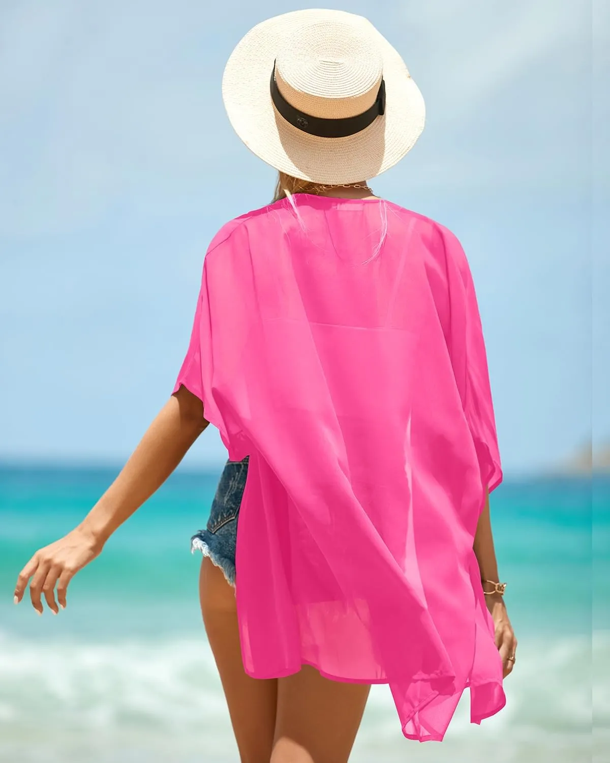 Pinup Fashion Kimono Cover Ups Swimwear Women - Cardigan Sheer Swimsuit Chiffon Open Front Coverup