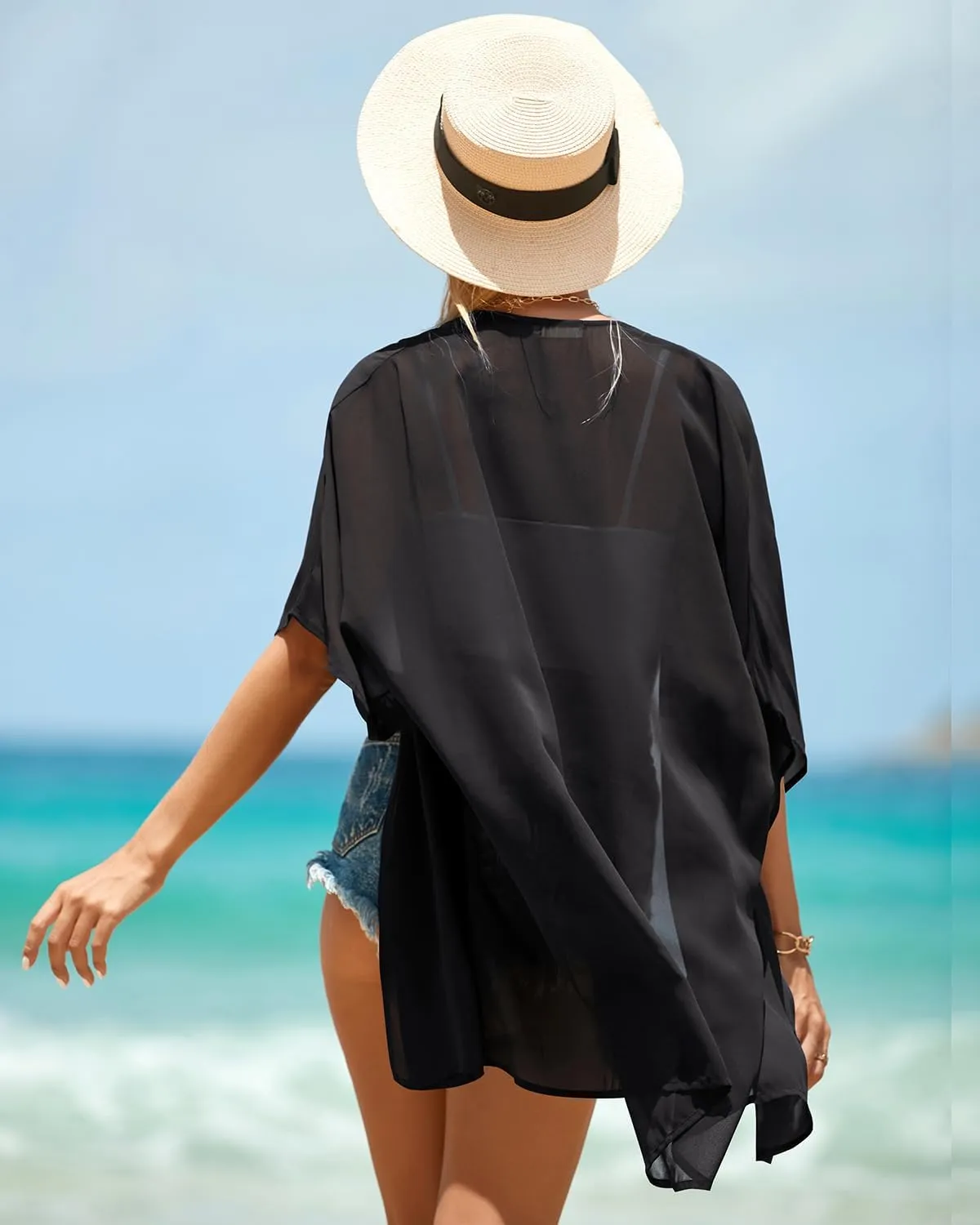 Pinup Fashion Kimono Cover Ups Swimwear Women - Cardigan Sheer Swimsuit Chiffon Open Front Coverup