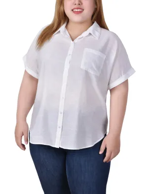 Plus Size Short Sleeve Woven Front/Jersey Back Top
