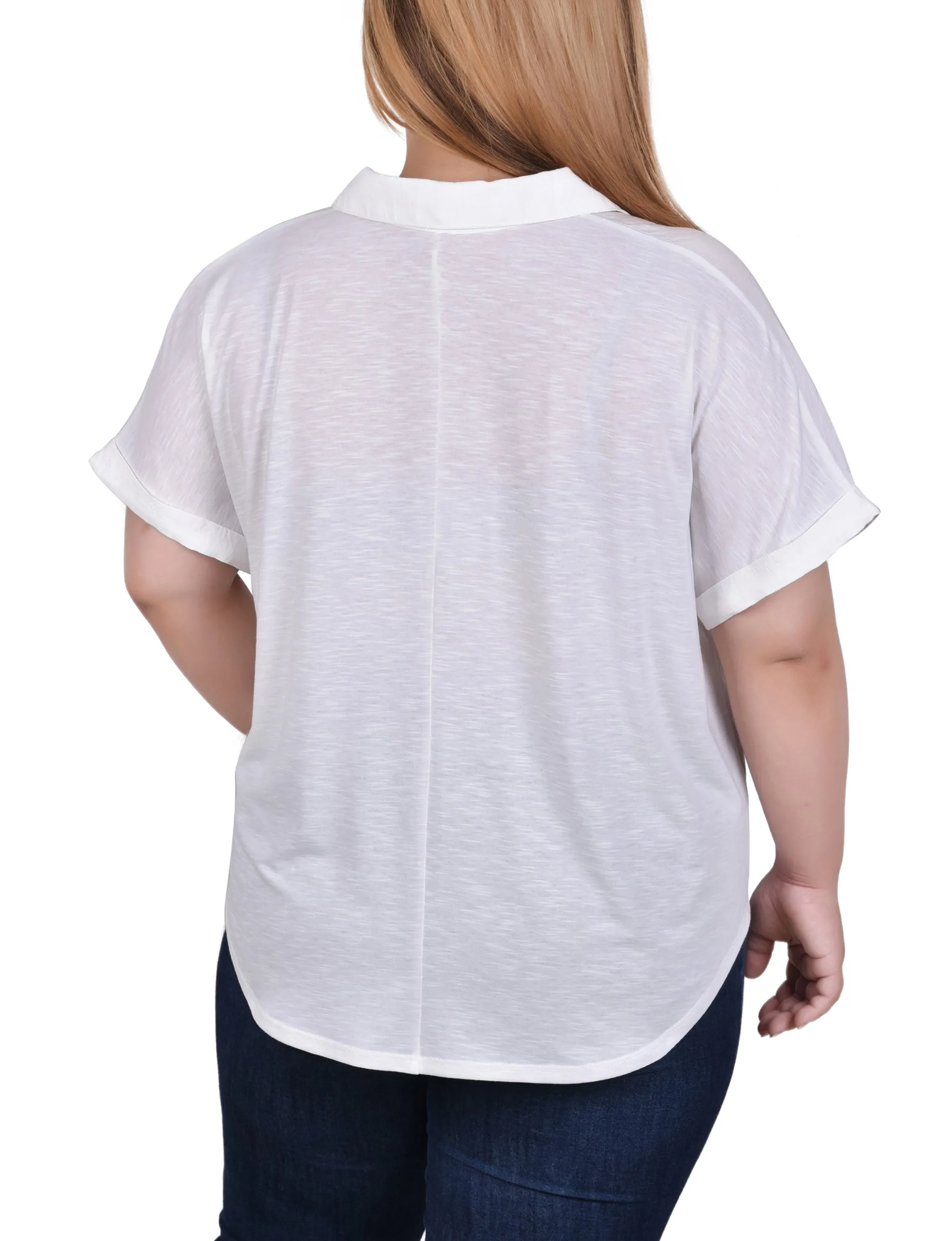 Plus Size Short Sleeve Woven Front/Jersey Back Top