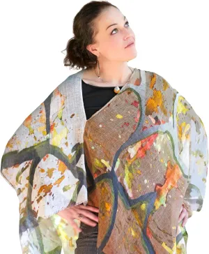 Pure Linen Spring poncho, Beach cover up, resort/cruise wear, Ladies evening shawl, Summer poncho, gift for her, boho top in Beige/cream Abstract Pattern