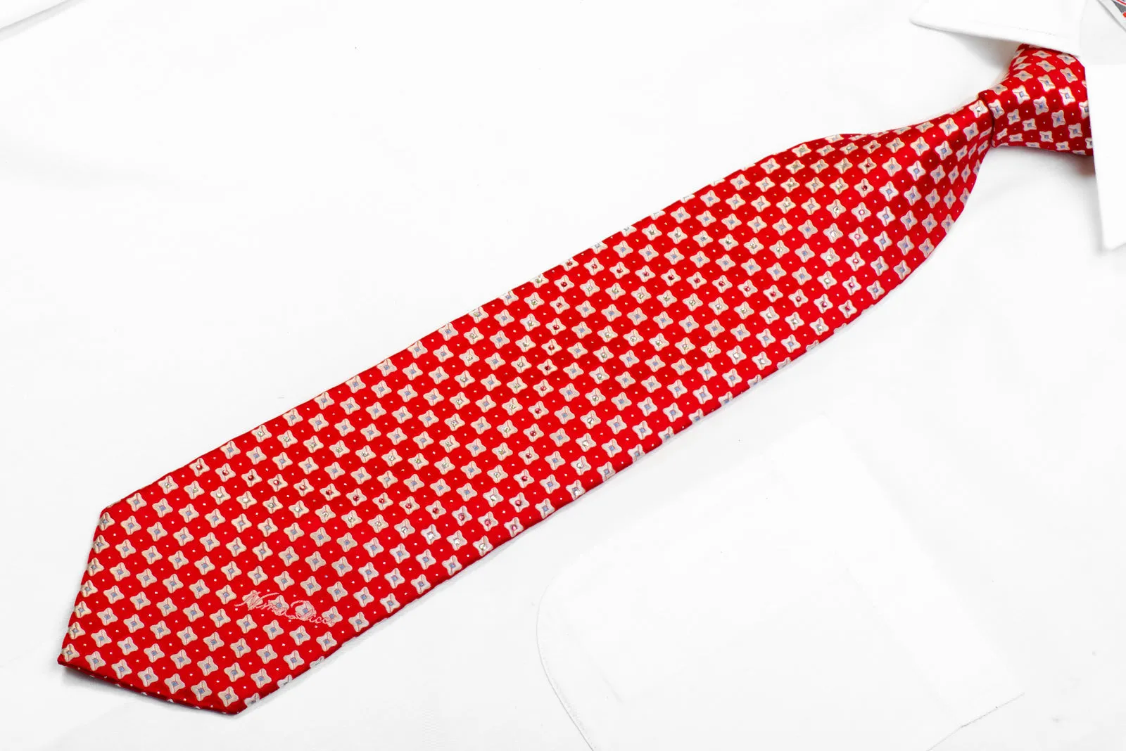 Rhinestone Silk Necktie Silver Red Checkered With Sparkles