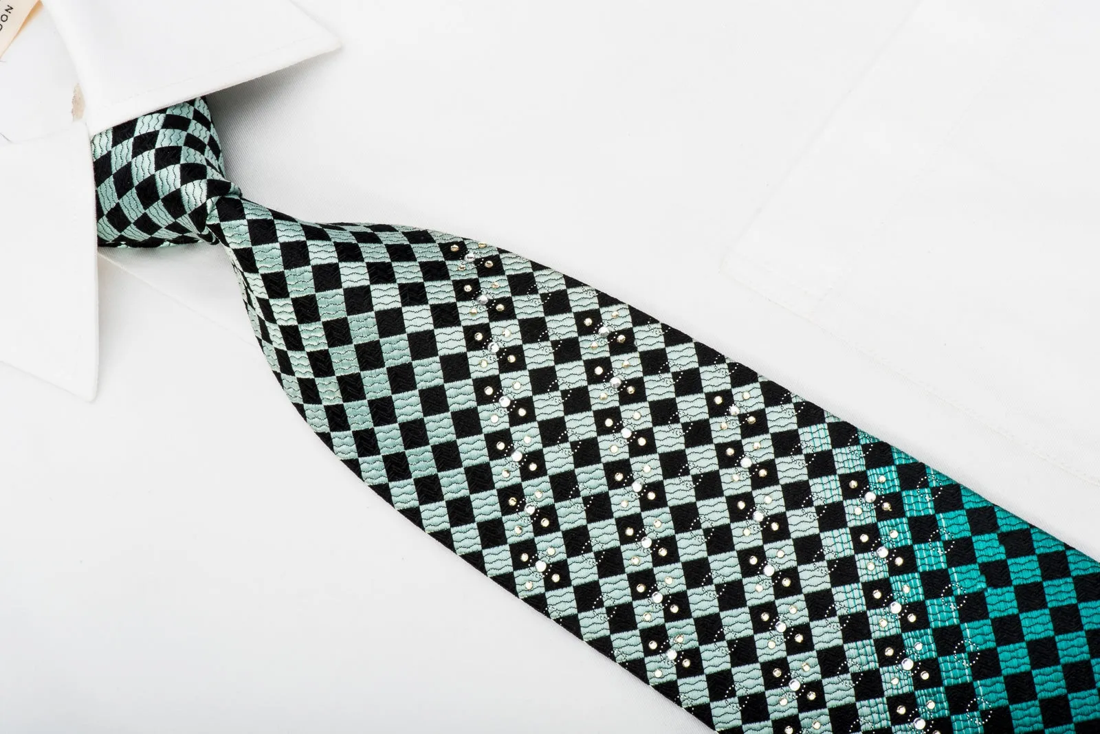 Roberta di Camerino Mens Rhinestone Necktie Turquoise Black Checker With Sparkles