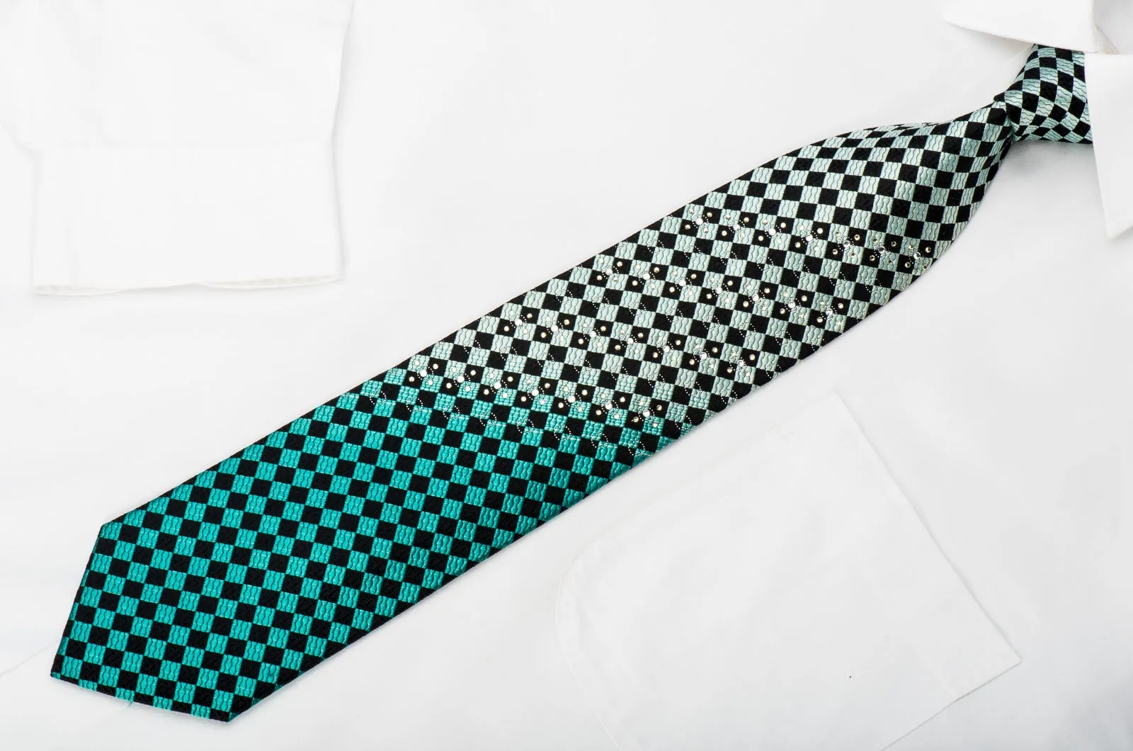 Roberta di Camerino Mens Rhinestone Necktie Turquoise Black Checker With Sparkles