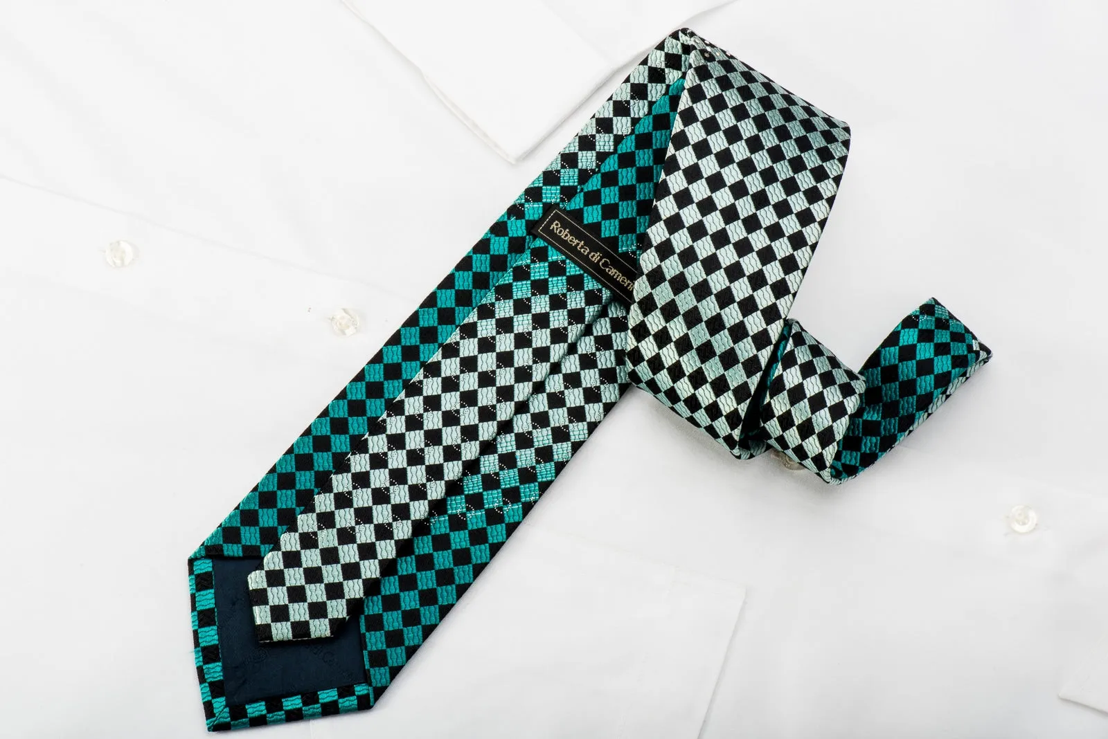 Roberta di Camerino Mens Rhinestone Necktie Turquoise Black Checker With Sparkles