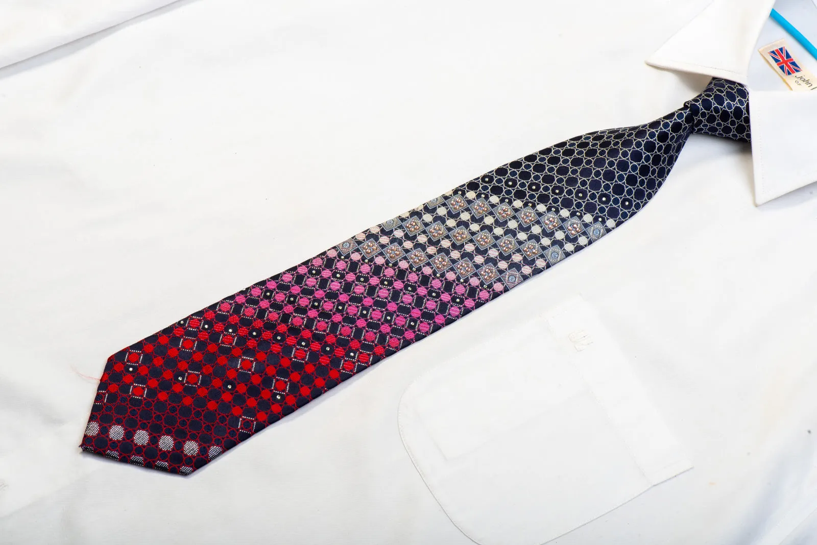 Rogers Dail Rhinestone Silk Necktie Silver Red Geometric On Navy With Sparkles