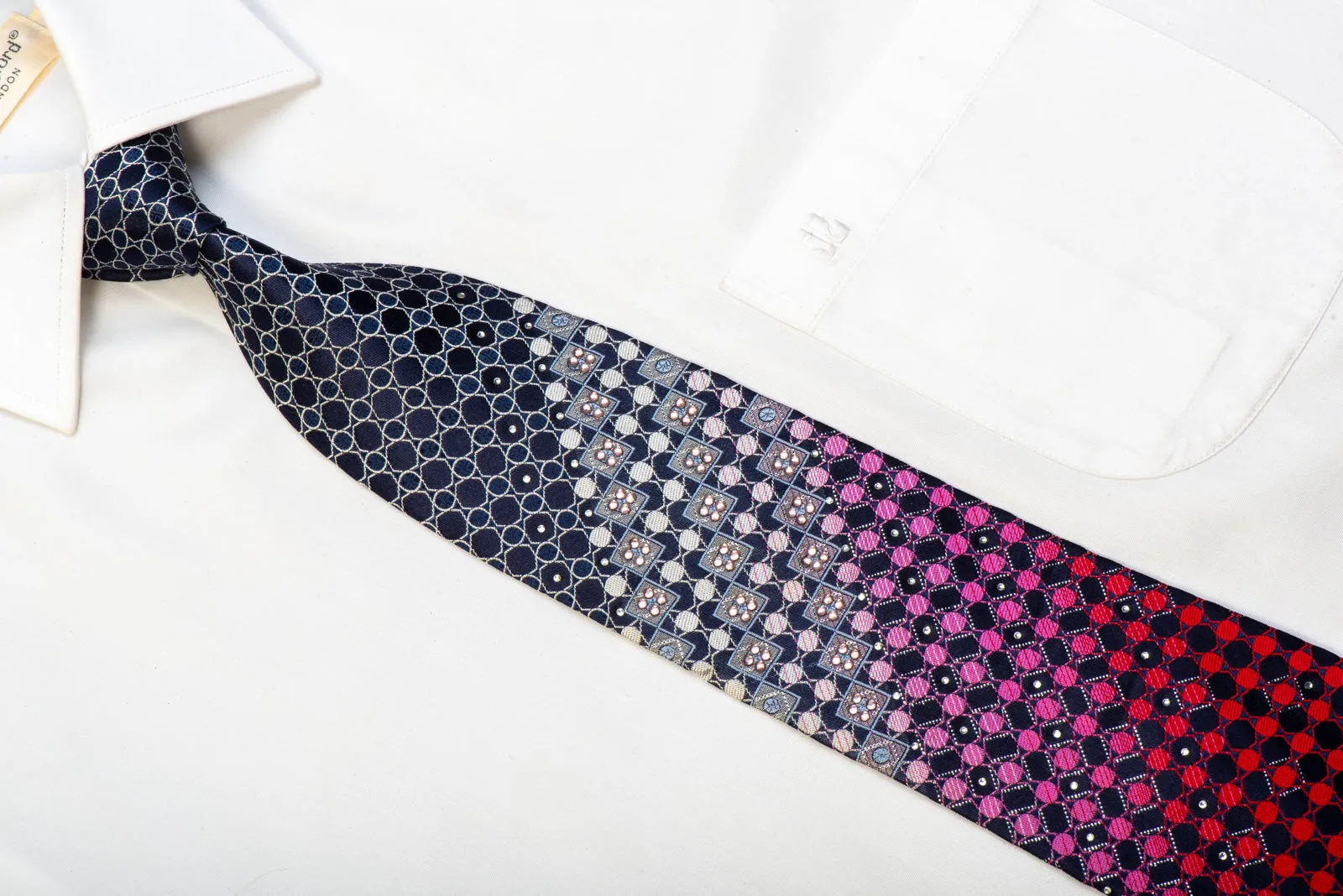 Rogers Dail Rhinestone Silk Necktie Silver Red Geometric On Navy With Sparkles