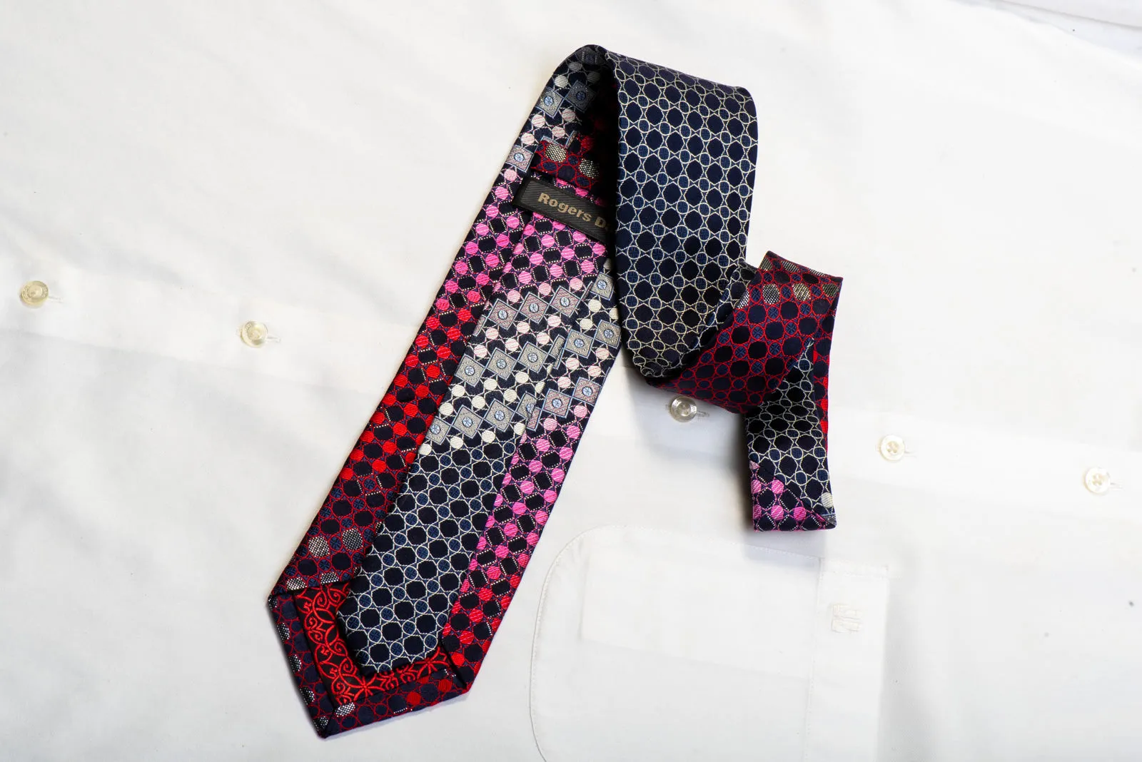 Rogers Dail Rhinestone Silk Necktie Silver Red Geometric On Navy With Sparkles