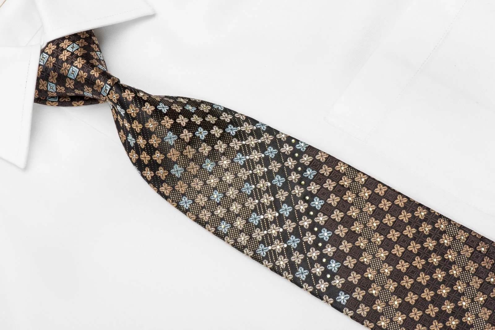 Roygen Men's Crystal Silk Necktie Brown Beige Geometric On Black With Sparkles