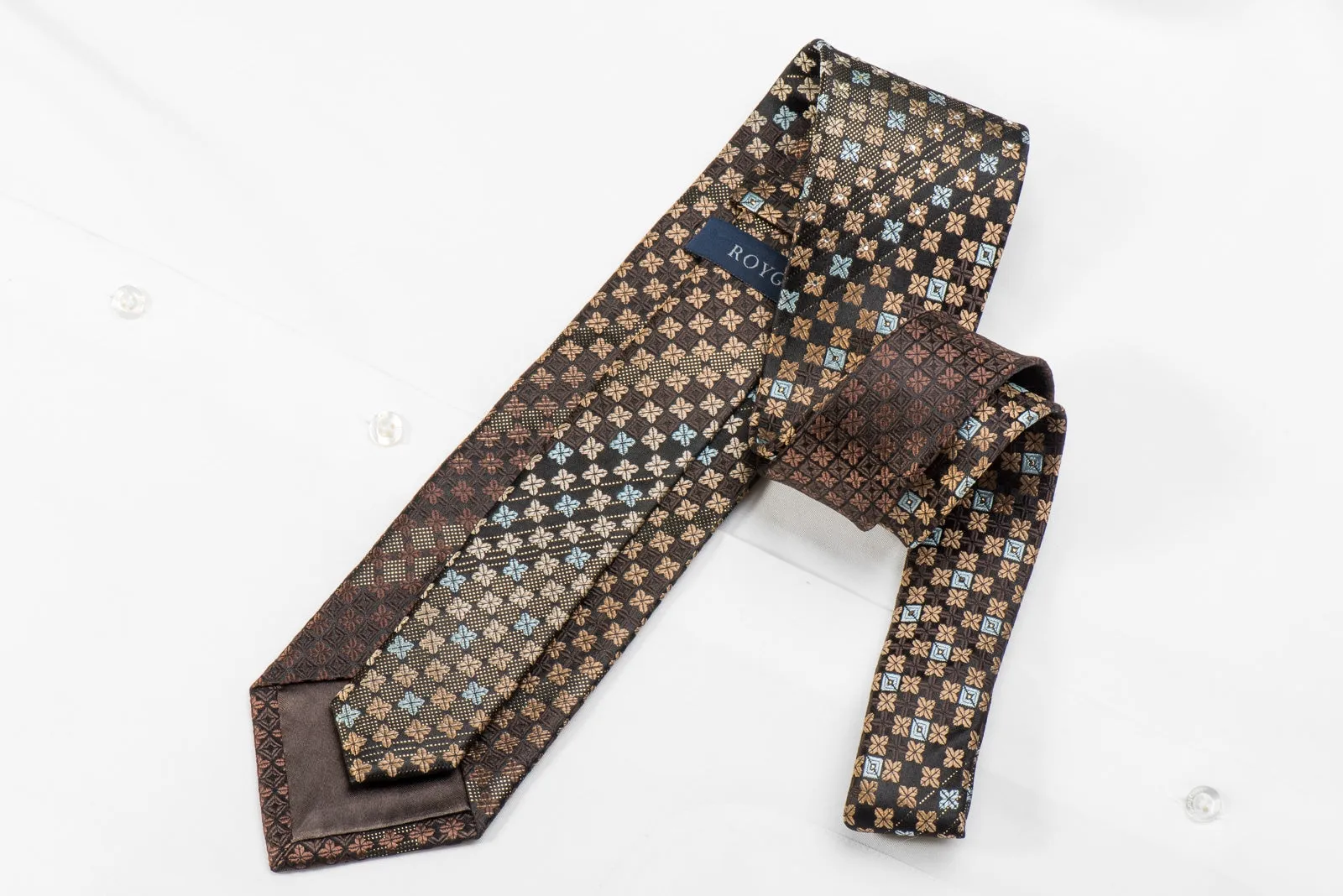 Roygen Men's Crystal Silk Necktie Brown Beige Geometric On Black With Sparkles