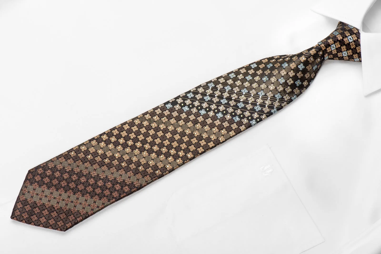 Roygen Men's Crystal Silk Necktie Brown Beige Geometric On Black With Sparkles