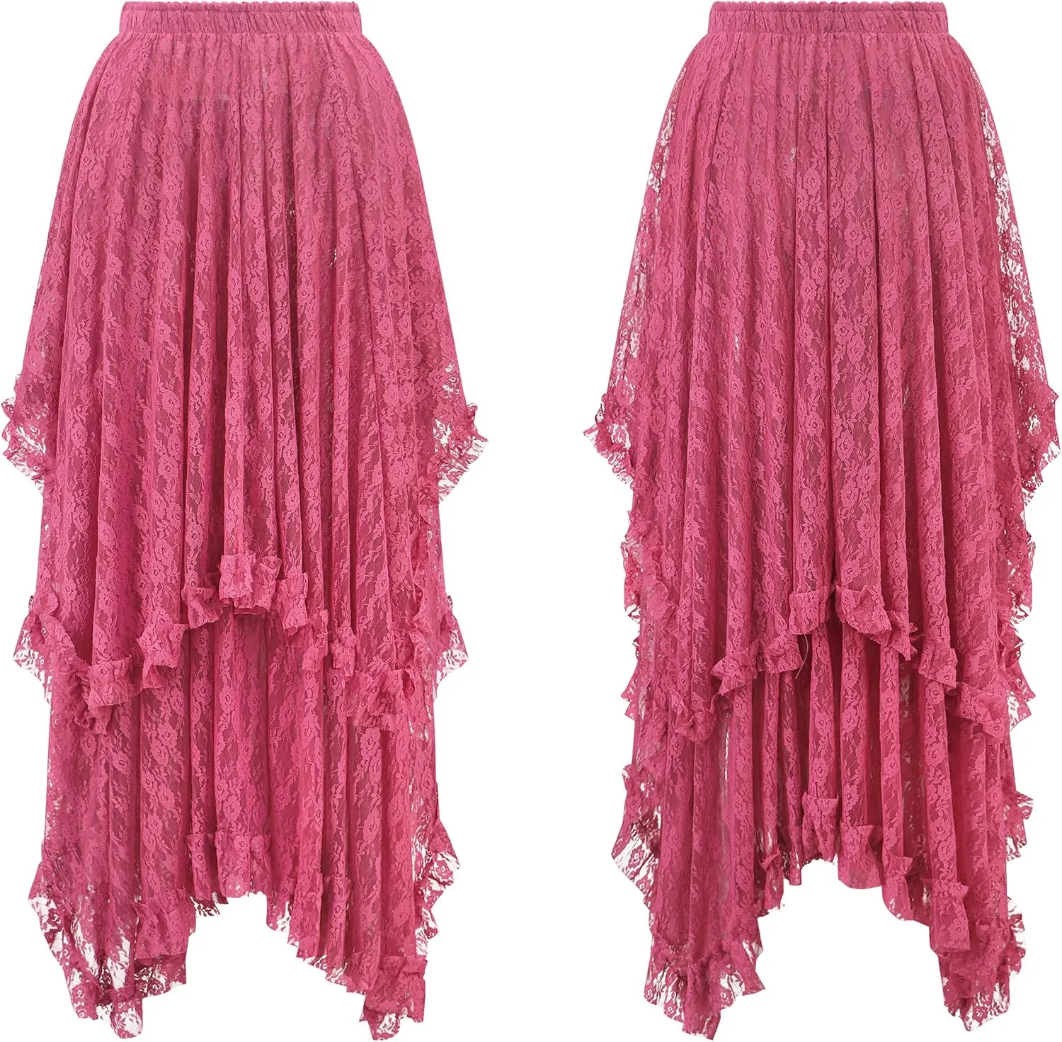 R.Vivimos Women Lace Long Skirts Summer Elastic Asymmetrical Layered Hem Sexy See-Through Beach Floral Maxi Skirts