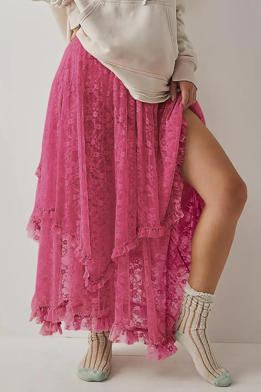 R.Vivimos Women Lace Long Skirts Summer Elastic Asymmetrical Layered Hem Sexy See-Through Beach Floral Maxi Skirts