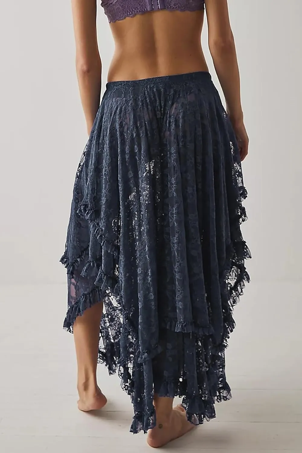 R.Vivimos Women Lace Long Skirts Summer Elastic Asymmetrical Layered Hem Sexy See-Through Beach Floral Maxi Skirts