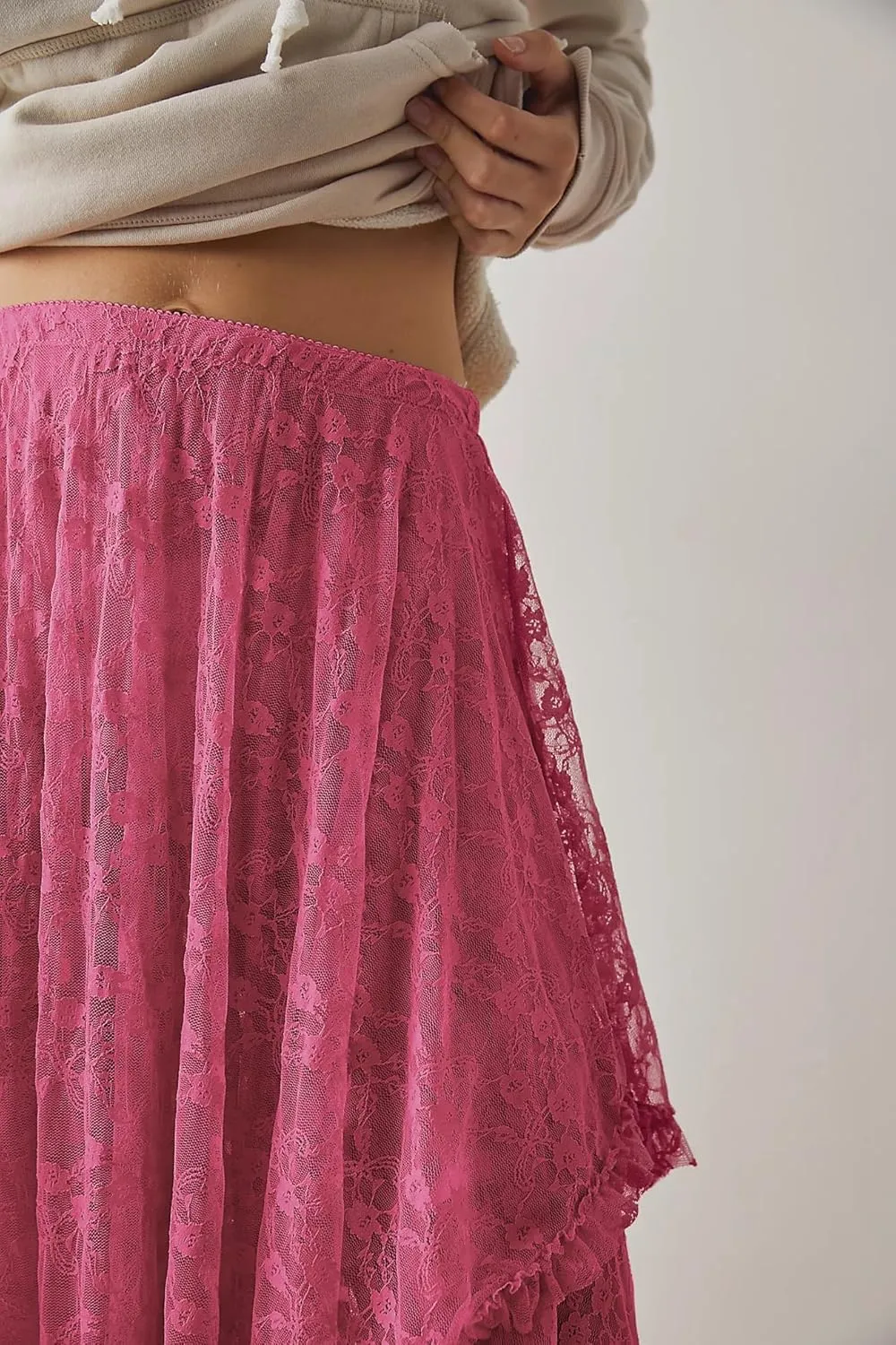 R.Vivimos Women Lace Long Skirts Summer Elastic Asymmetrical Layered Hem Sexy See-Through Beach Floral Maxi Skirts