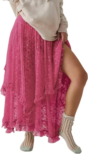 R.Vivimos Women Lace Long Skirts Summer Elastic Asymmetrical Layered Hem Sexy See-Through Beach Floral Maxi Skirts