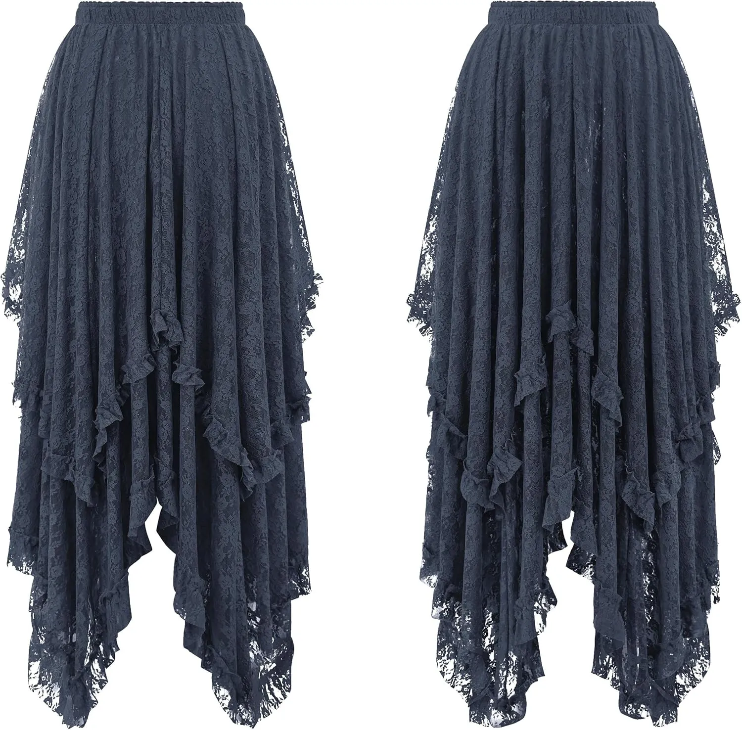 R.Vivimos Women Lace Long Skirts Summer Elastic Asymmetrical Layered Hem Sexy See-Through Beach Floral Maxi Skirts
