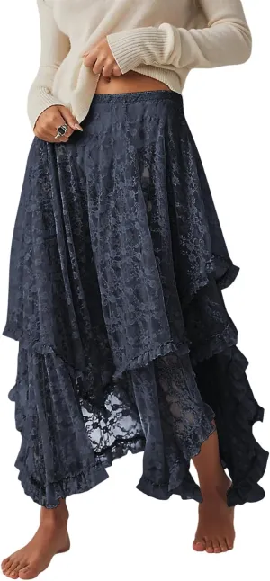 R.Vivimos Women Lace Long Skirts Summer Elastic Asymmetrical Layered Hem Sexy See-Through Beach Floral Maxi Skirts