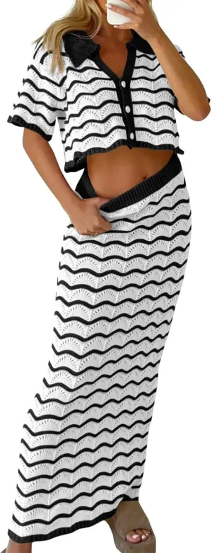 Saodimallsu Women Striped Beach Cover Up Set Button Short Sleeve Collared Crop Top Maxi Skirt Crochet 2 Piece Outfits