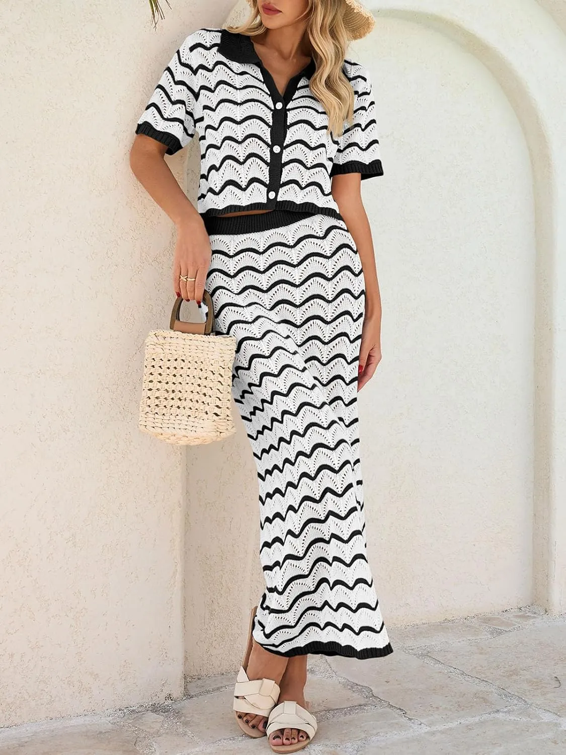 Saodimallsu Women Striped Beach Cover Up Set Button Short Sleeve Collared Crop Top Maxi Skirt Crochet 2 Piece Outfits