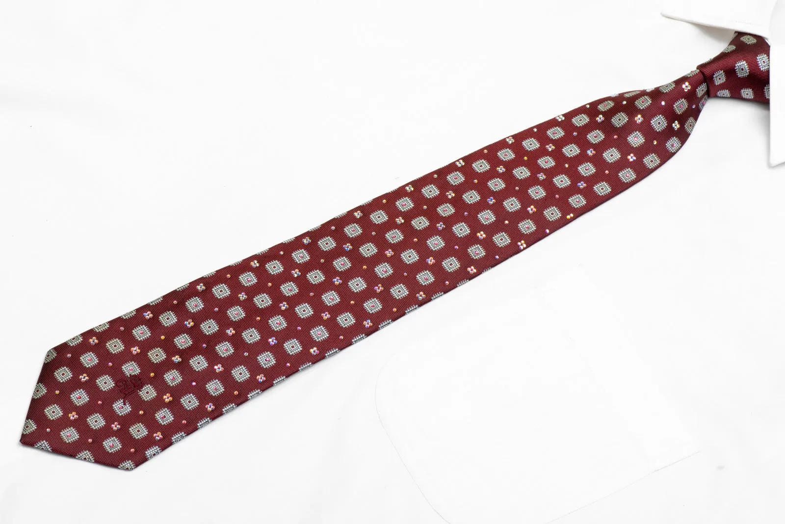 Silver Geometric Squares On Burgundy Rhinestone Silk Necktie With Sparkles
