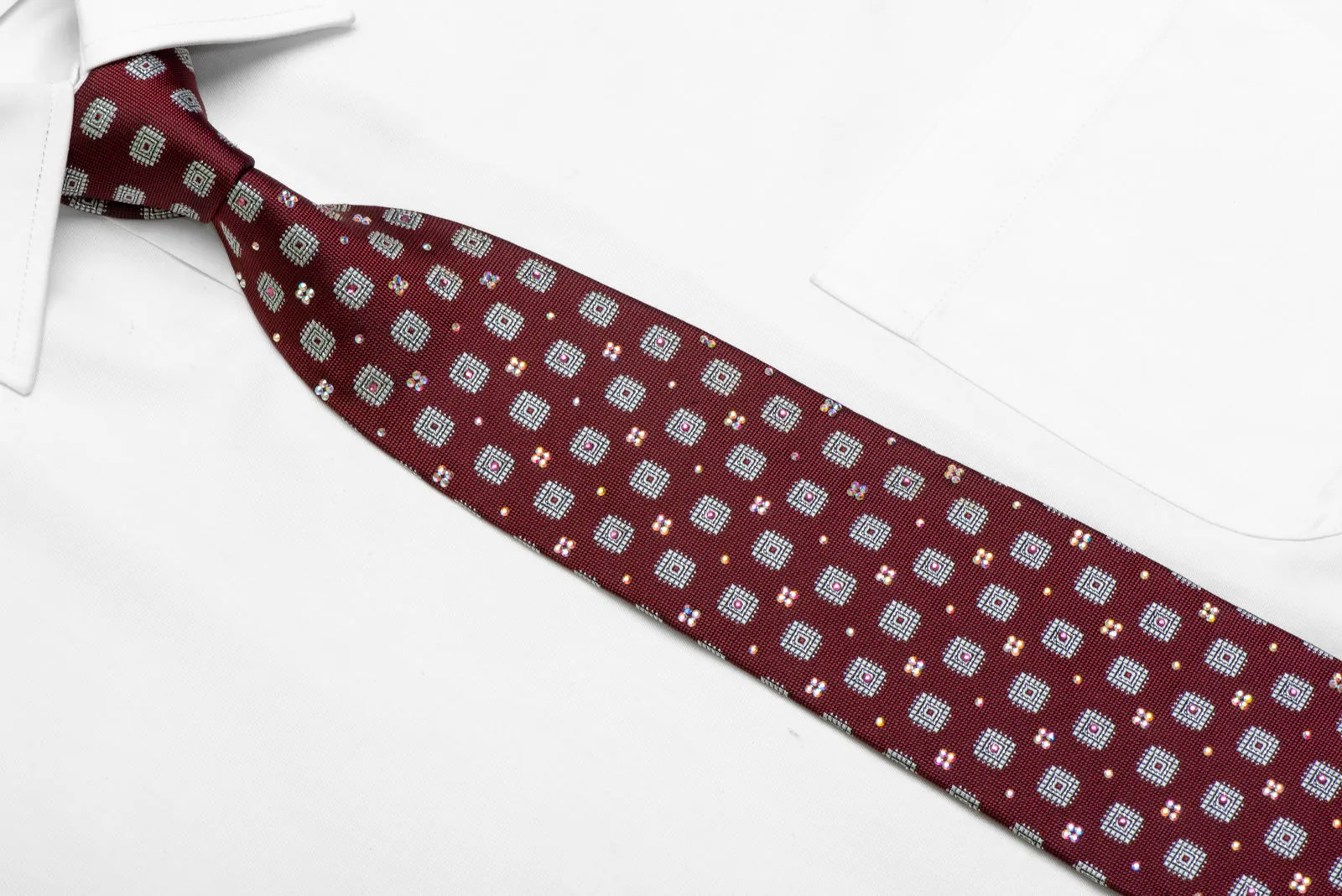 Silver Geometric Squares On Burgundy Rhinestone Silk Necktie With Sparkles